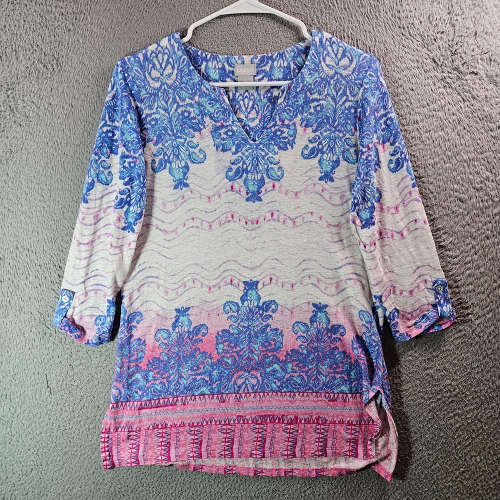 Chico's Top Blouse Women Size 0 Small Linen Geometric White‎ Blue Pink Stretch